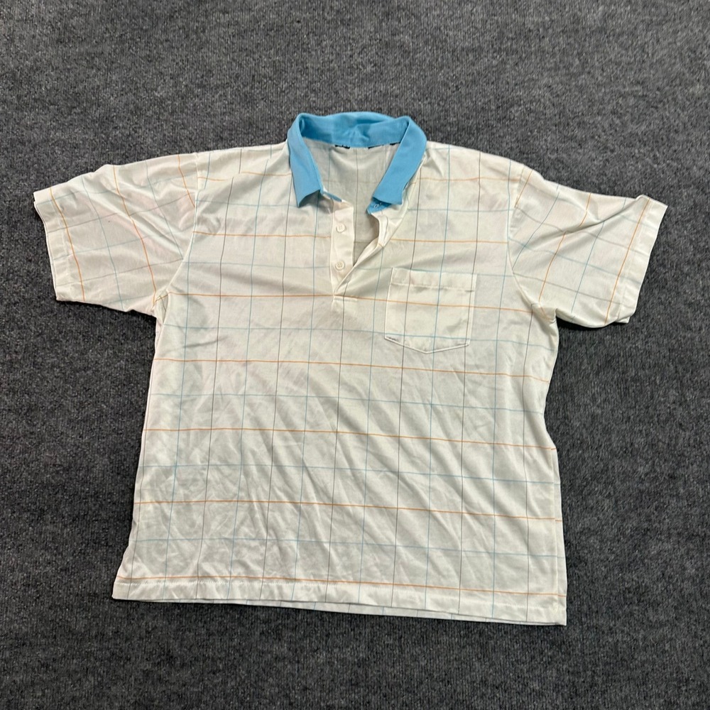 Unbranded Polo Mens Size L White Blue Orange Grid Pattern Short Sleeve Pocket